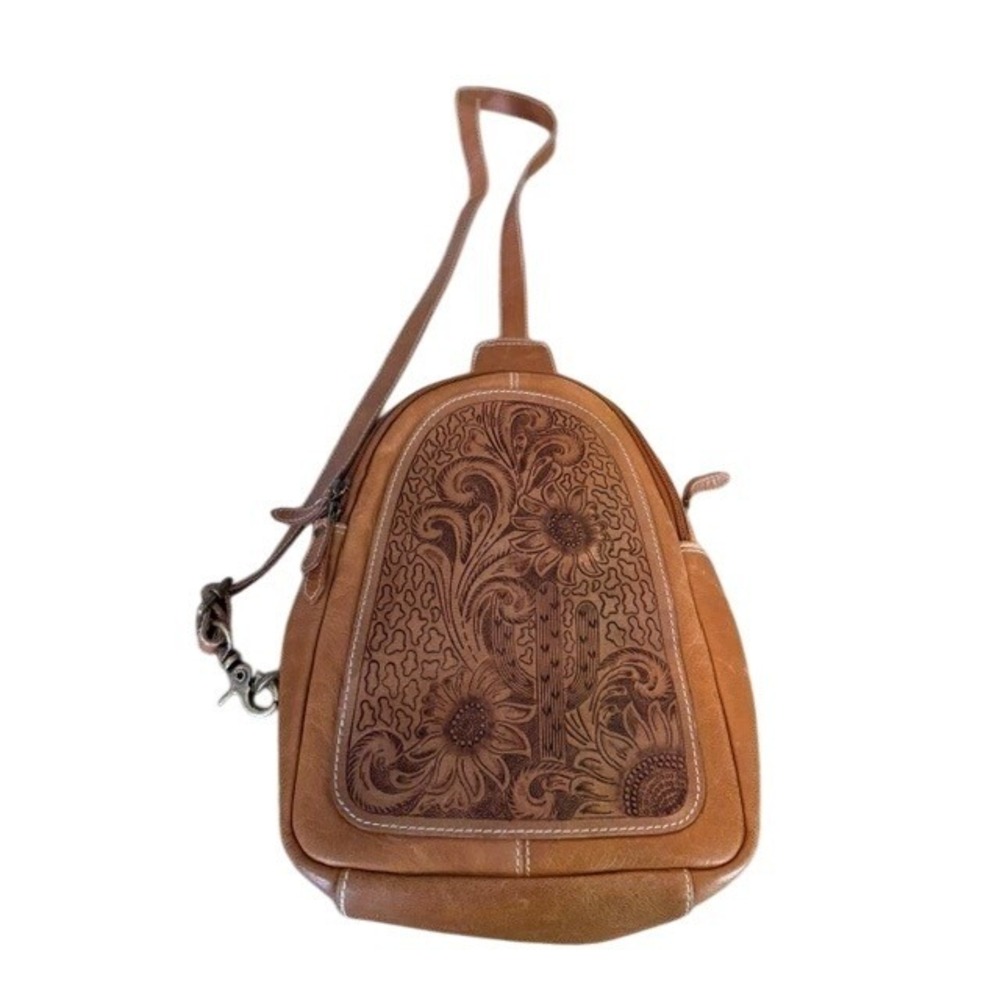 Myra Bag Tan Tooled Leather Sling Backpack Floral Cactus Western Boho Bag BNNU